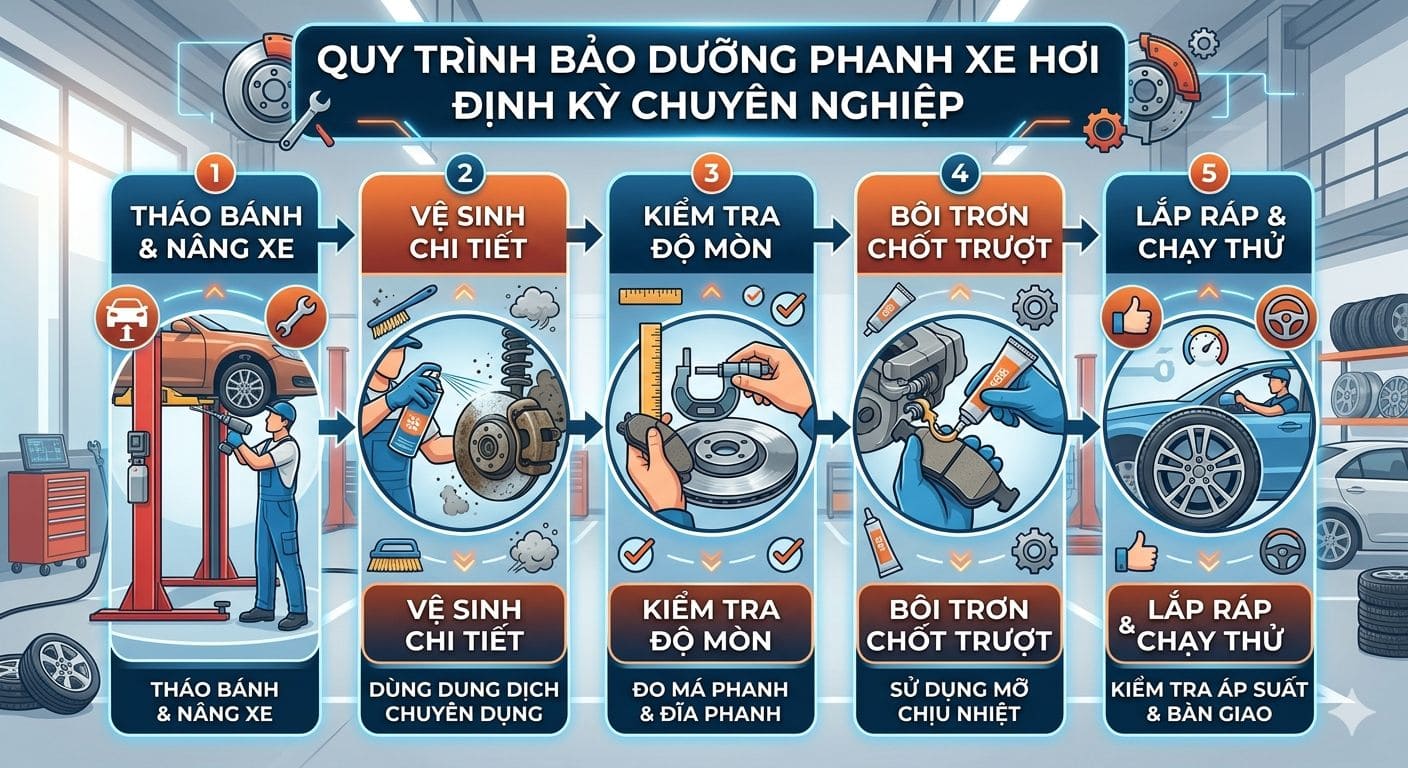 quy trình bảo dưỡng phanh xe hơi tiêu chuẩn 7 bước chuyên nghiệp