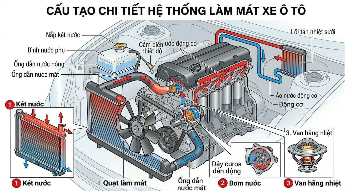 Kinh nghiệm bảo dưỡng hệ thống làm mát ô tô qua cấu tạo chi tiết.