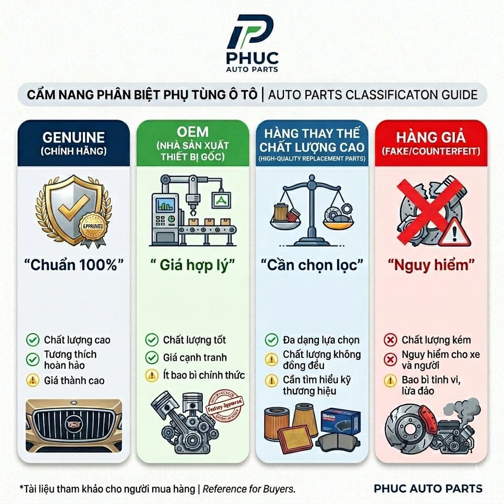 Phân loại các nhóm linh kiện theo tiêu chuẩn chất lượng phụ tùng ô tô tại Việt Nam