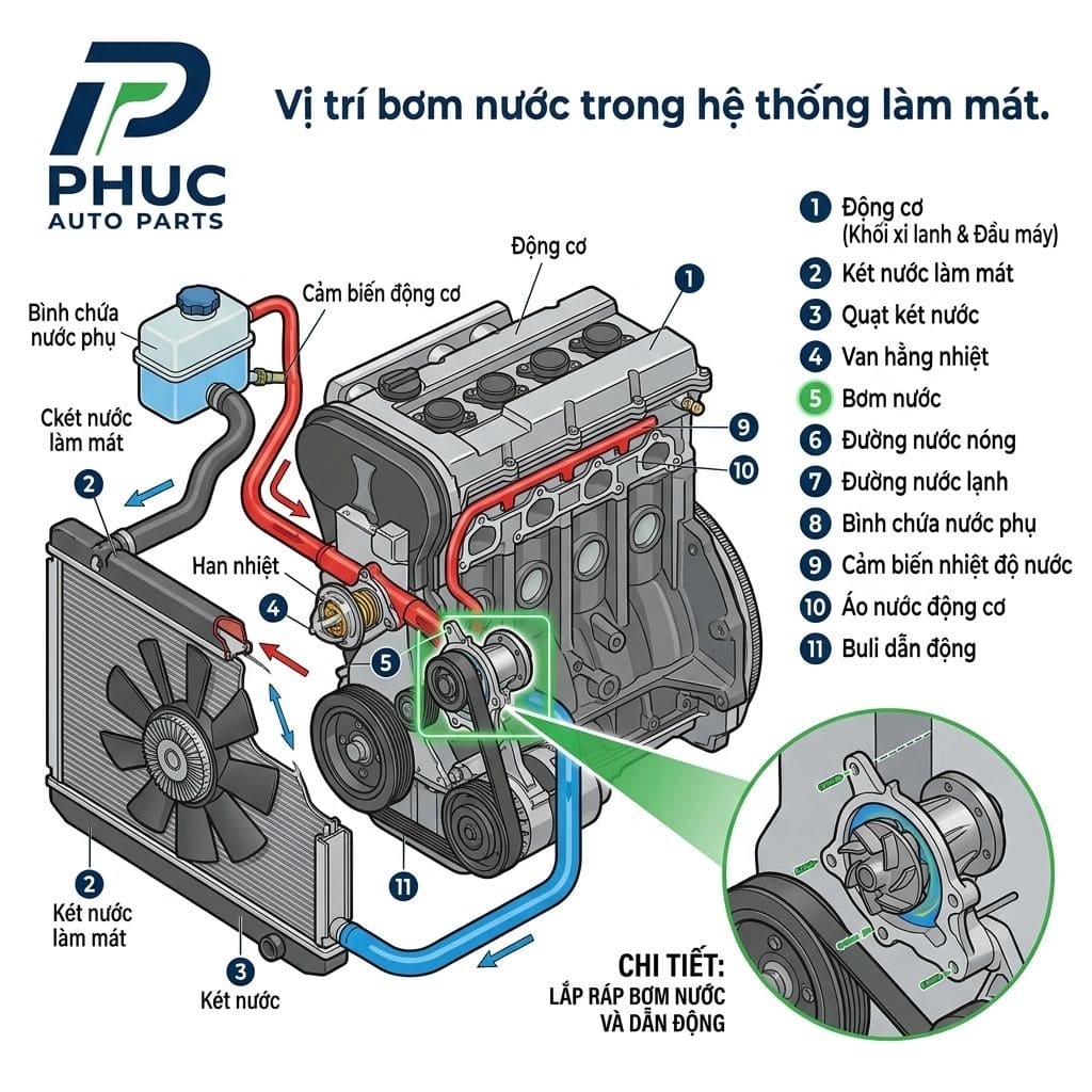 Sơ đồ kỹ thuật hệ thống làm mát ô tô chỉ rõ vị trí bơm nước và két nước.