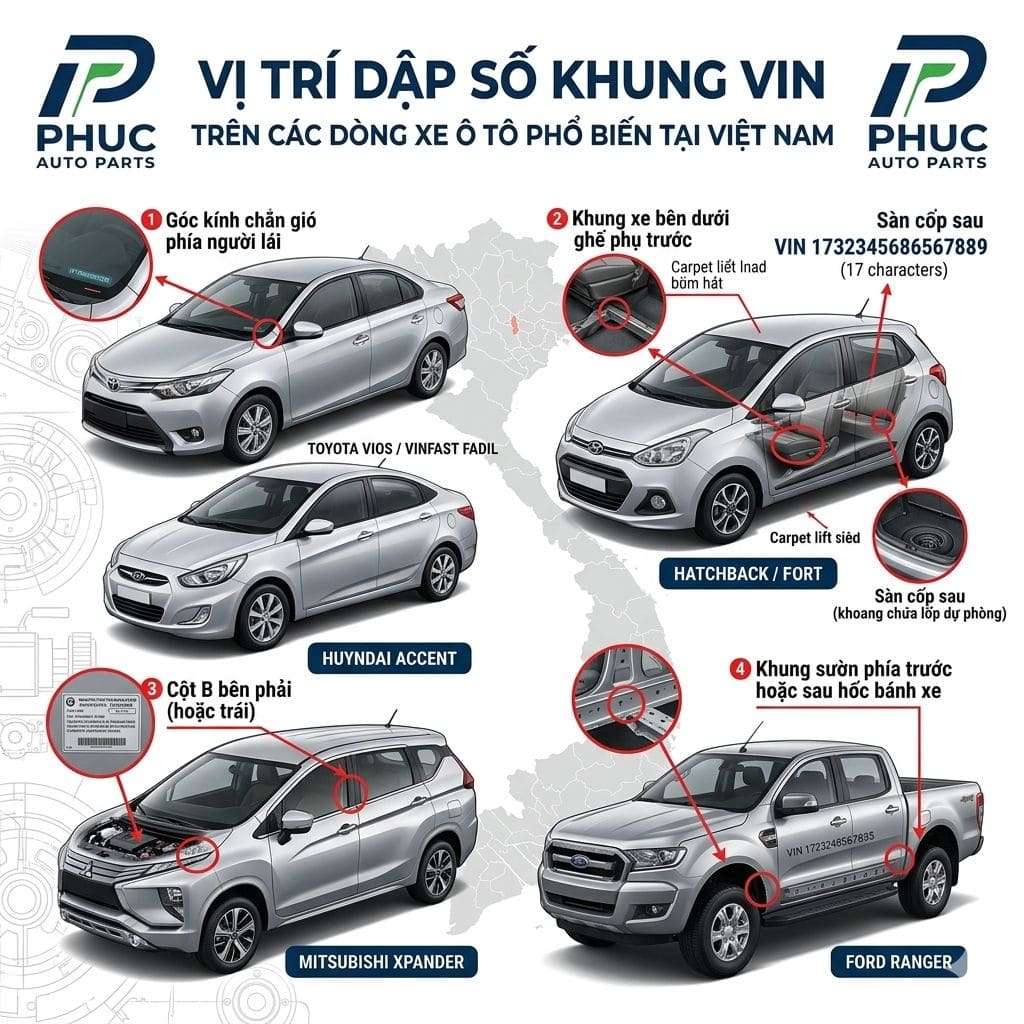 Vị trí dập số khung VIN trên các dòng xe ô tô phổ biến tại Việt Nam